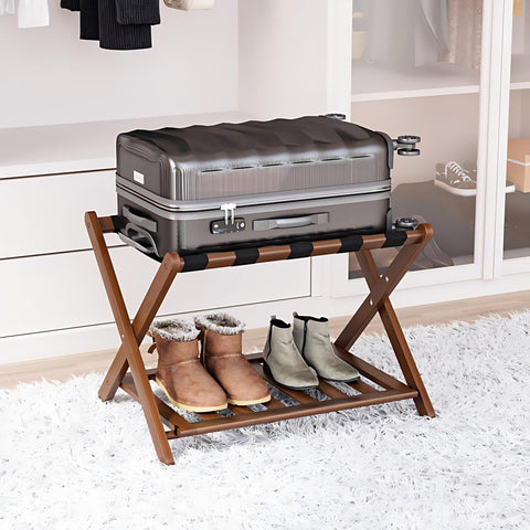 Smart FENDEE bamboo luggage rack fully assembled for effortless hotel-ready setup.