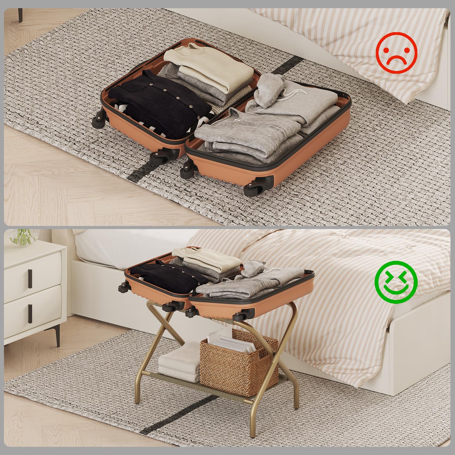 Smart FENDEE luggage rack folded for compact storage in a closet