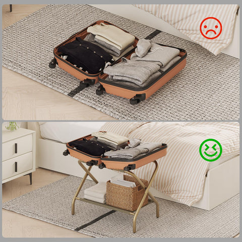 Smart FENDEE luggage rack folded for compact storage in a closet