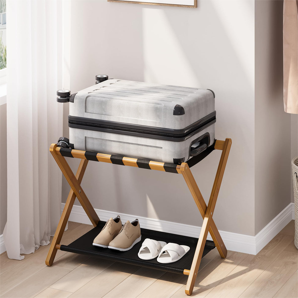 Smart FENDEE luggage rack top view showing sturdy support for heavy suitcases