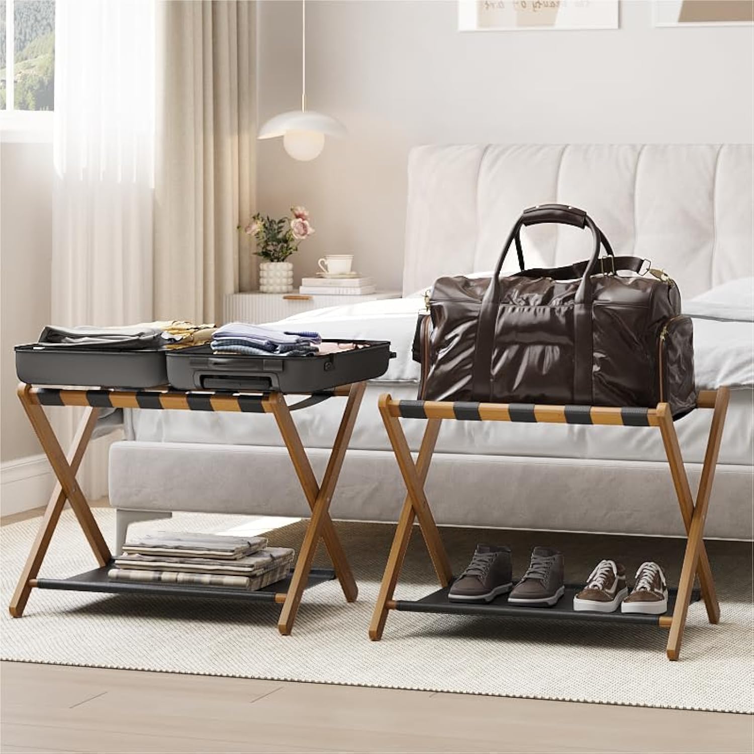 Smart FENDEE luggage rack folding top view for easy packing and unpacking.