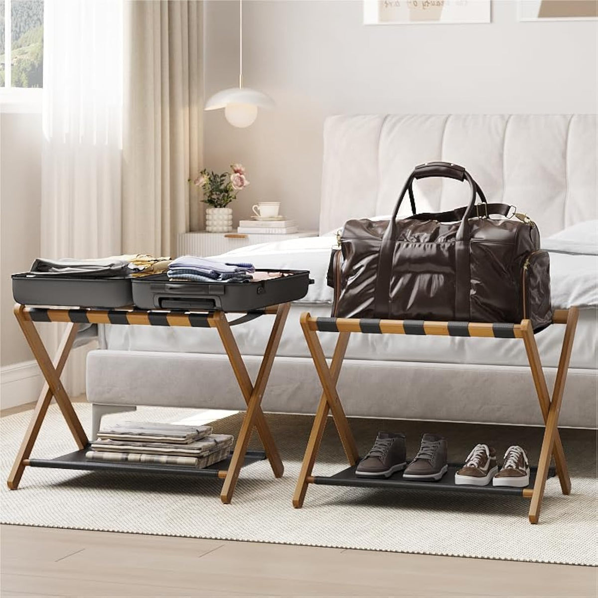Smart FENDEE luggage rack folding top view for easy packing and unpacking.