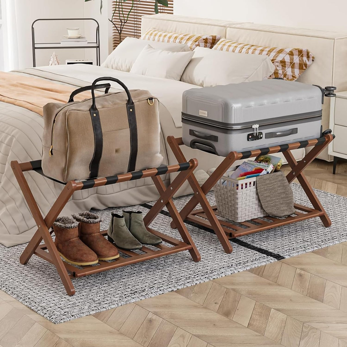 Smart FENDEE luggage rack fully assembled in walnut finish for immediate use.