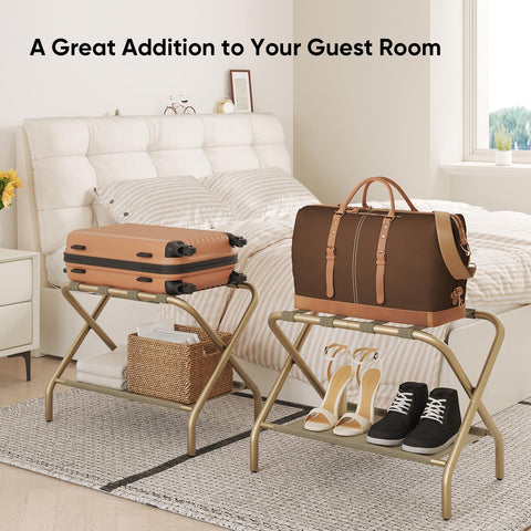 Smart FENDEE luggage rack in a hotel room setting, portable and guest-ready