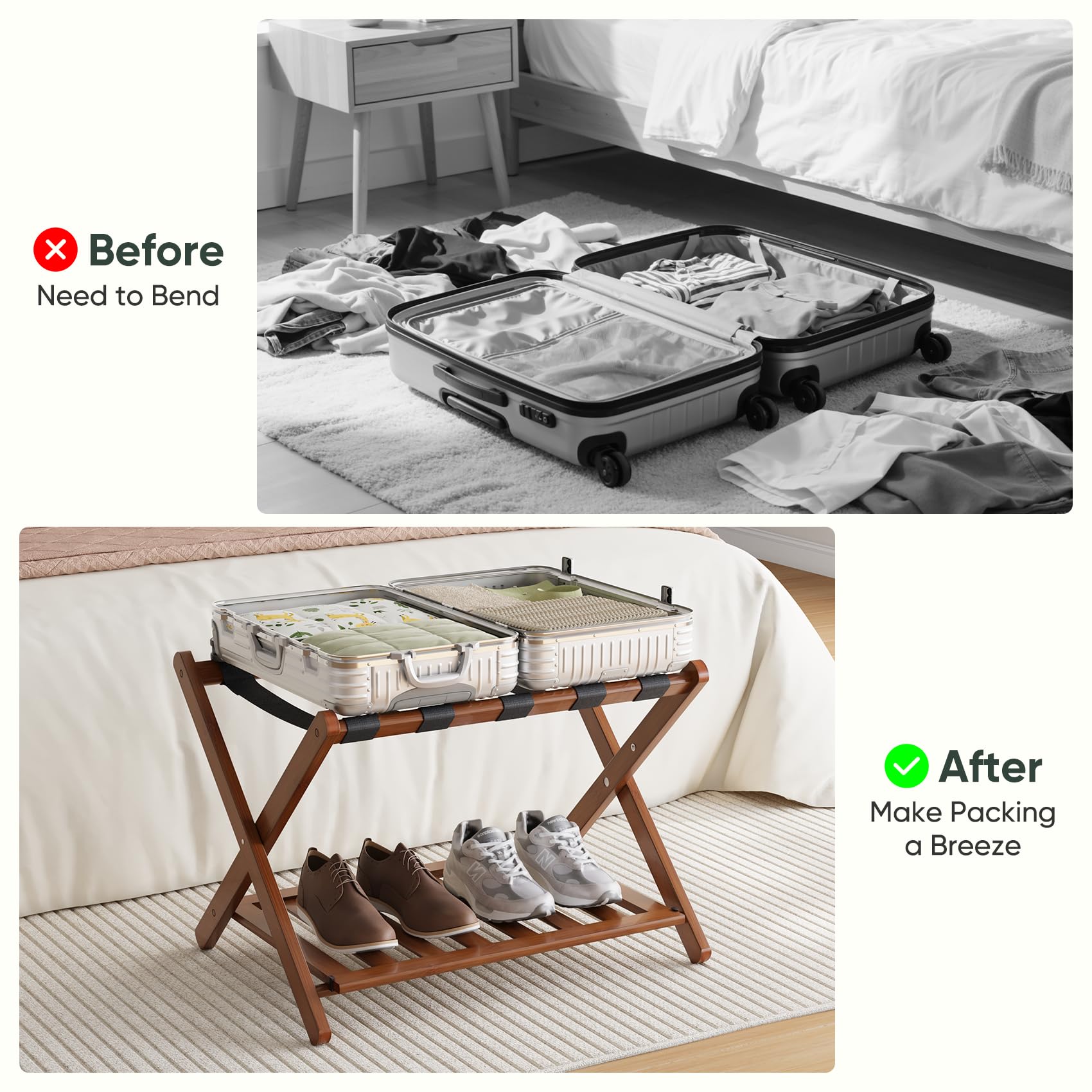 Walnut finished Smart FENDEE rack complements modern bedroom decor.