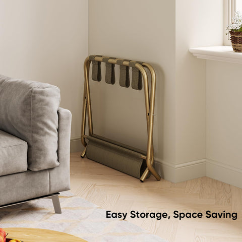 Smart FENDEE luggage rack with shoe shelf in use for organized space