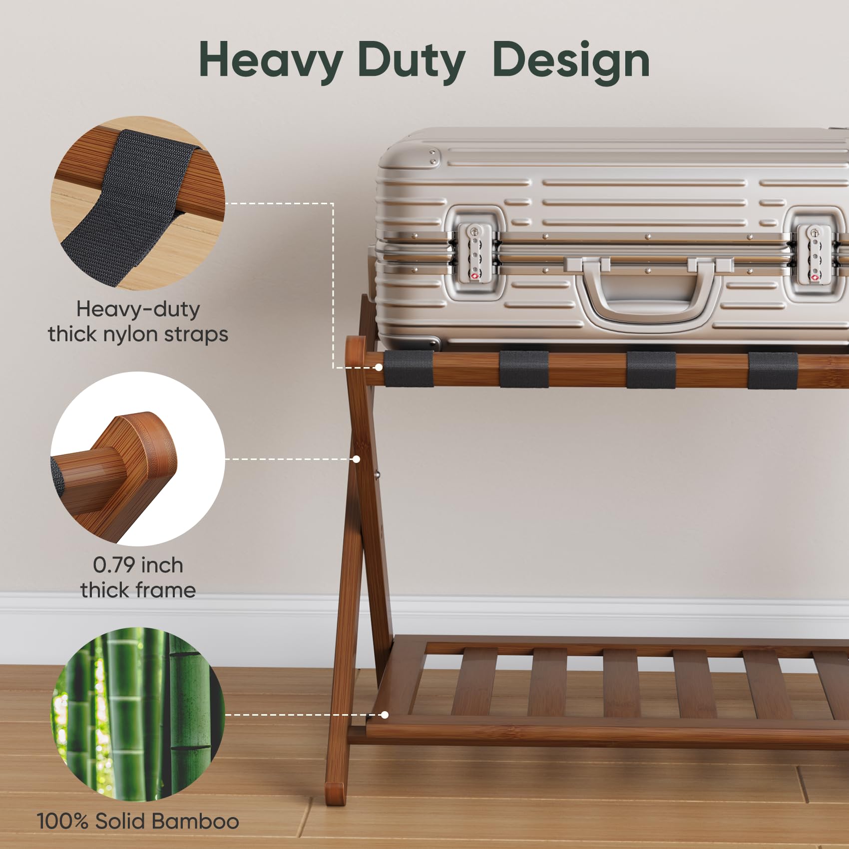 Smart FENDEE walnut folding suitcase stand offers sturdy support for luggage.