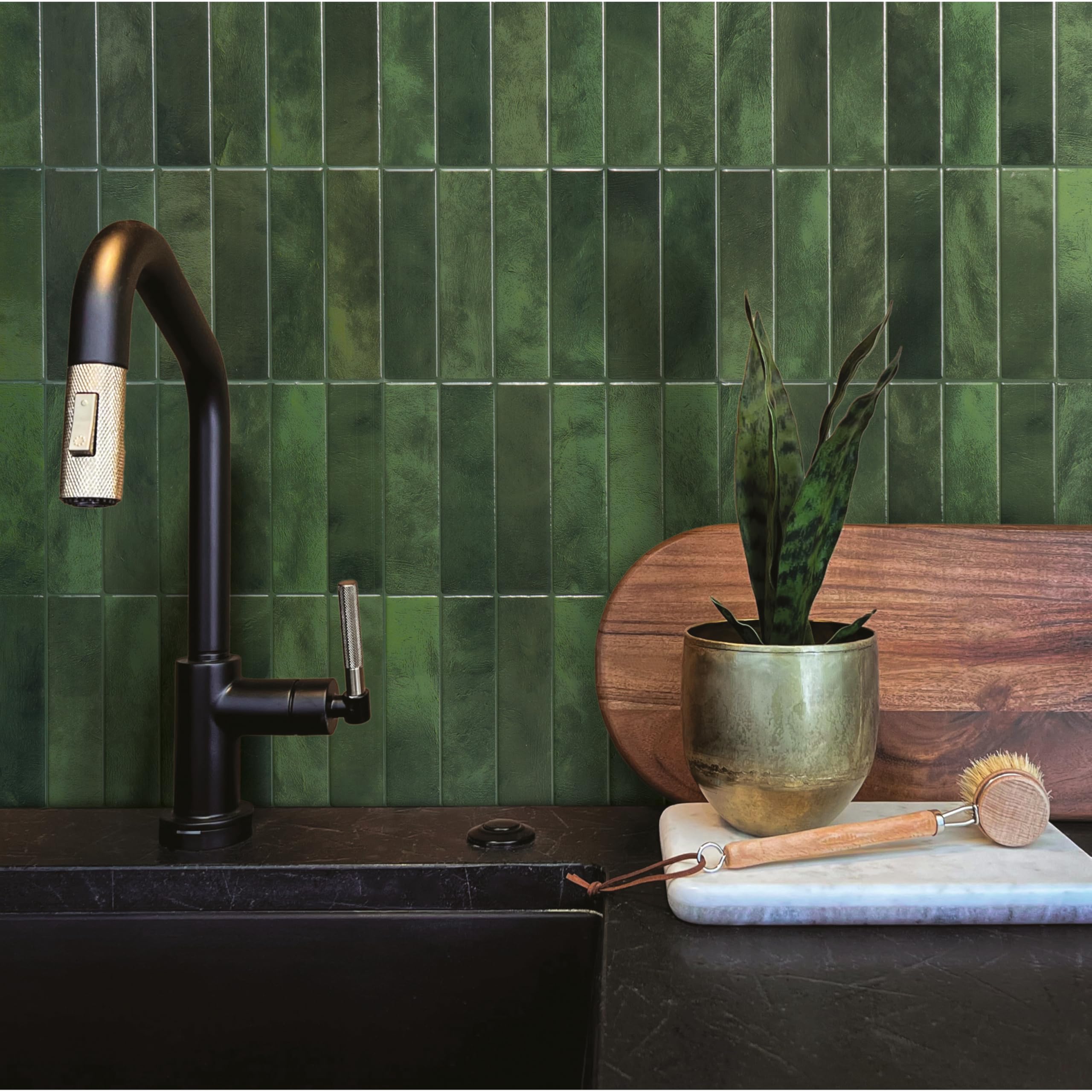Smart Tiles Sefrou Green splashback kitchen setup highlights quick, tool-free renovation
