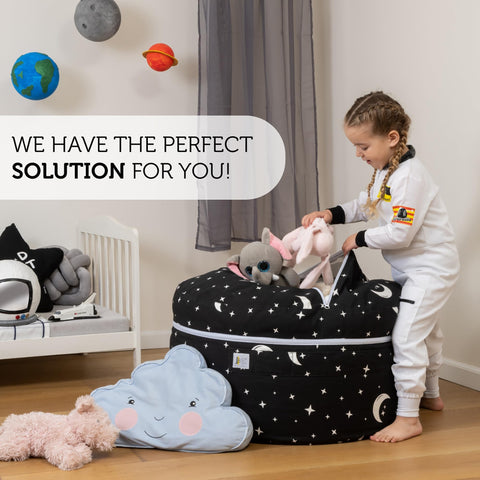 Smart Wallaby expandable-bean-bag-chair demonstrates XL to XXL sizes for growing toy collections
