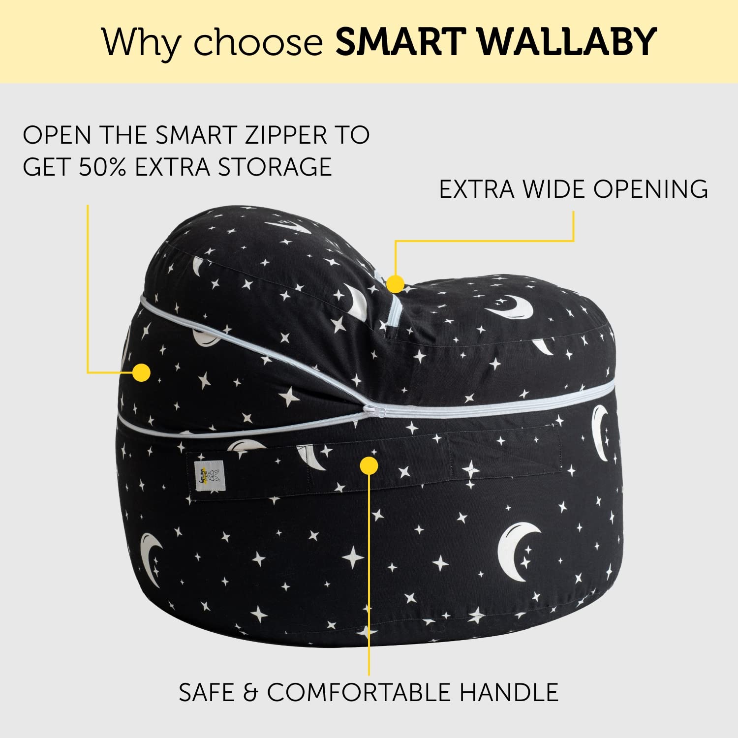 Smart Wallaby toy-organizer-and-seat keeps play spaces tidy and ready for lounging