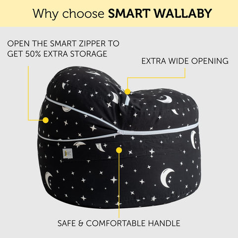 Smart Wallaby toy-organizer-and-seat keeps play spaces tidy and ready for lounging