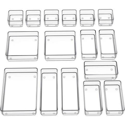 SMARTAKE 16-piece clear drawer organizer in use keeps cosmetics neatly arranged.