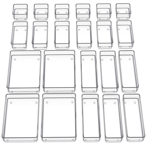 SMARTAKE 22-piece drawer organizer set in clear four sizes keeps cosmetics neatly accessible