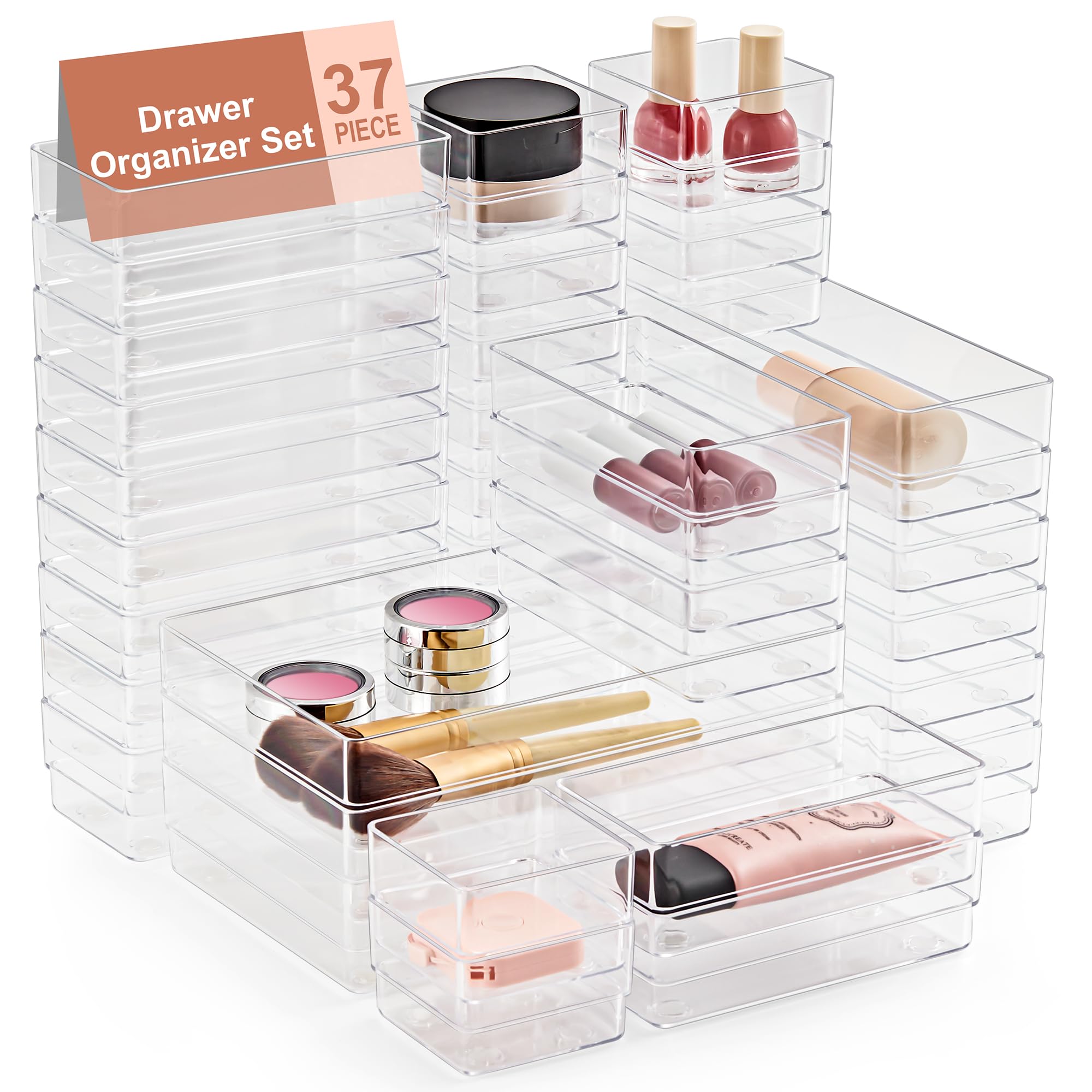 SMARTAKE 37-piece drawer organizer set with four sizes keeps cosmetics neatly accessible.