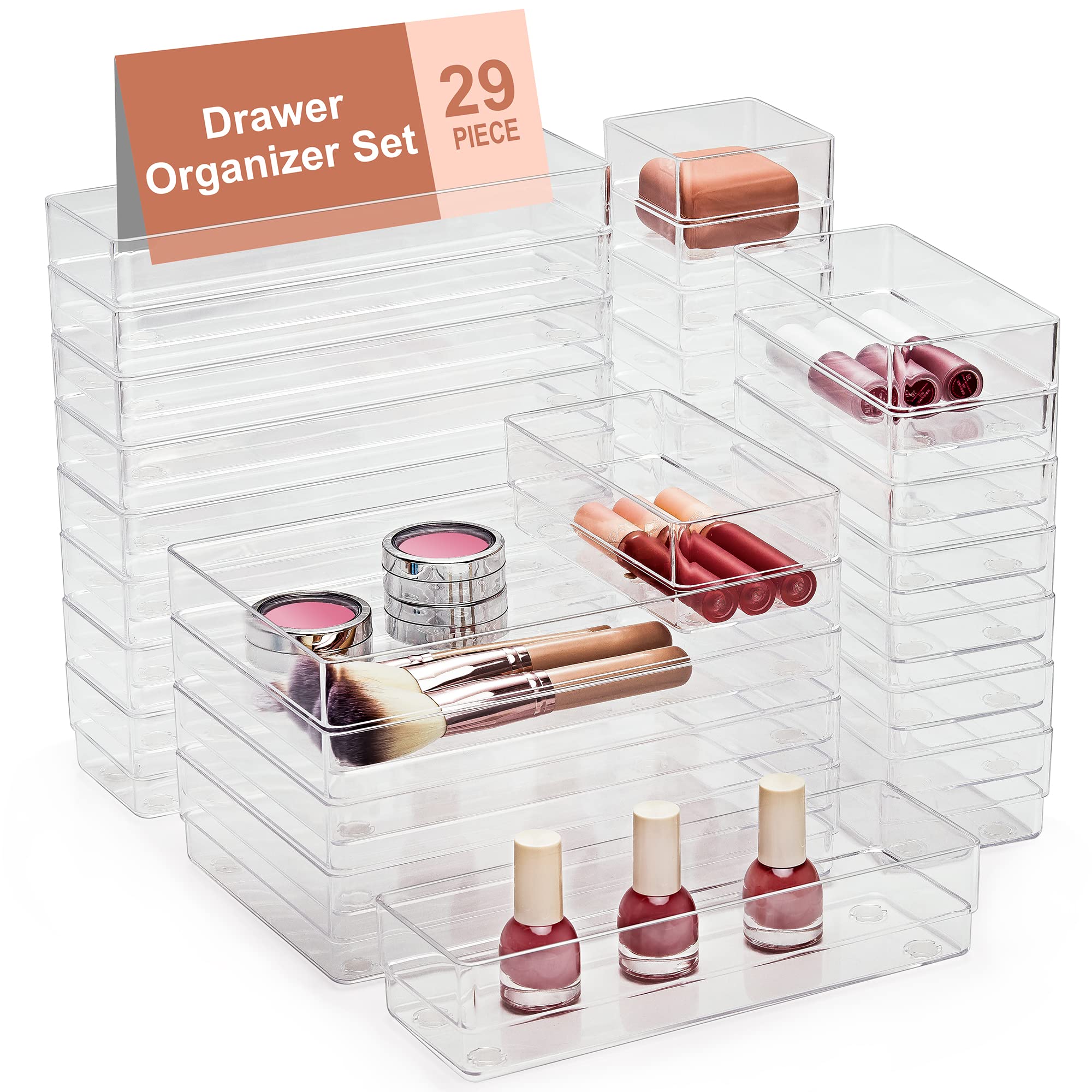 SMARTAKE drawer organizer with four sizes keeps cosmetics neatly arranged and accessible.