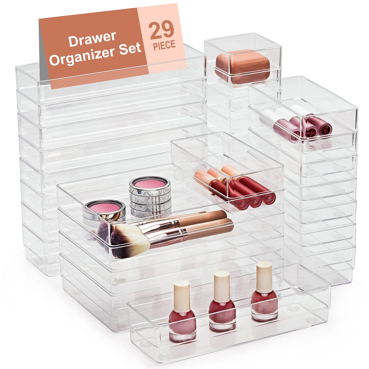 SMARTAKE drawer organizer with four sizes keeps cosmetics neatly arranged and accessible.