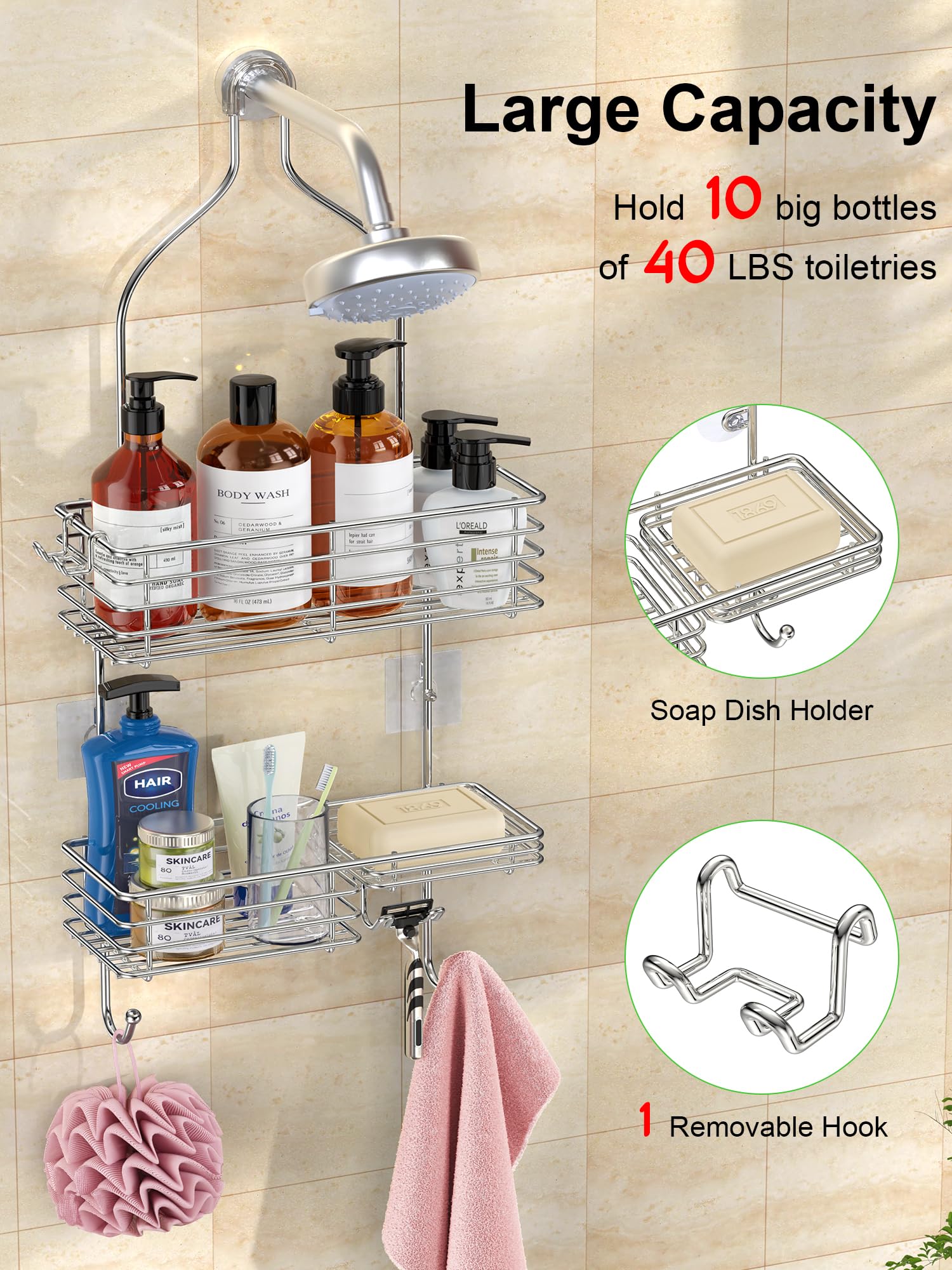 SMARTAKE hanging shower head caddy side view with anti-slip fit