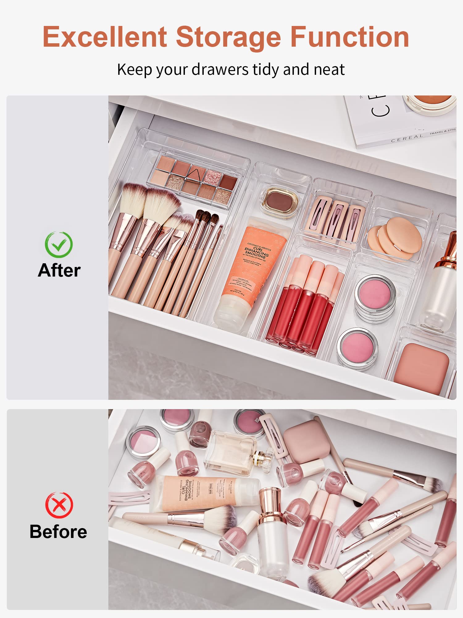 Makeup organizer trays neatly arrange tools and products in a drawer