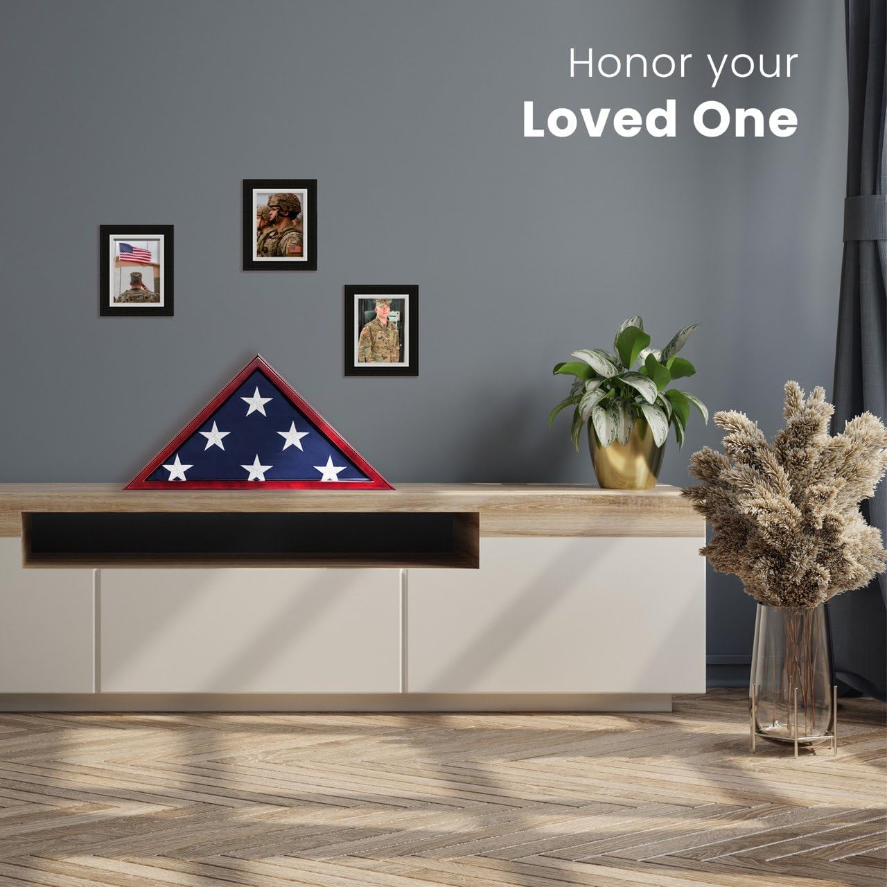 Durable mahogany finish adds warmth and timeless elegance to the display.