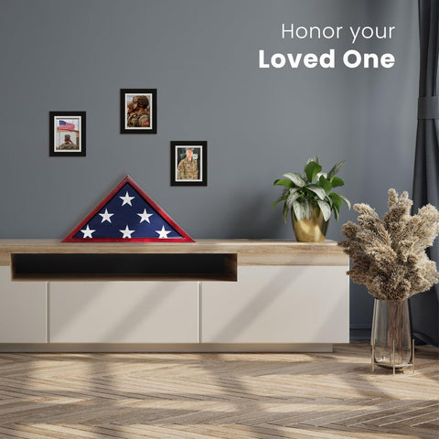 Durable mahogany finish adds warmth and timeless elegance to the display.