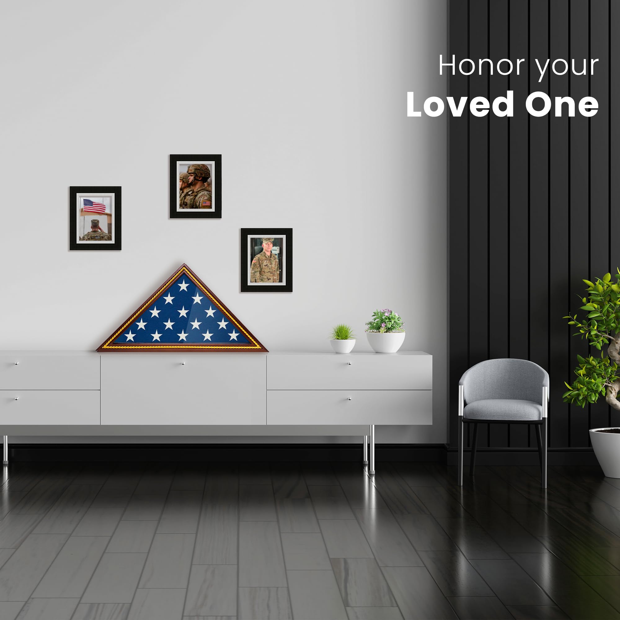 Glass front protects from dust while preserving the flag’s appearance.