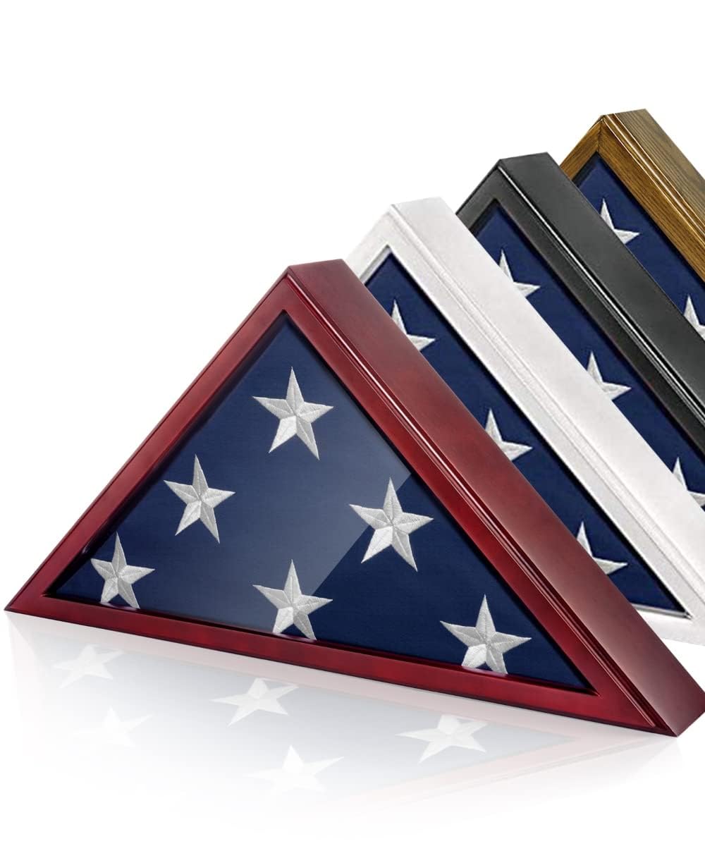 SmartChoice glass front flag display case in mahogany, wall-mounted for easy reverent display.