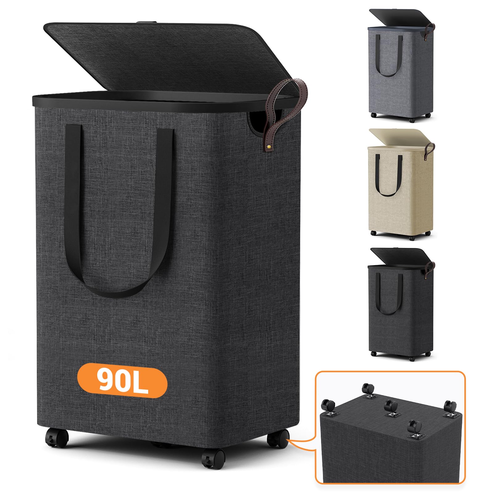 SmartKempt 90L laundry basket with five wheels glides smoothly for easy transport.