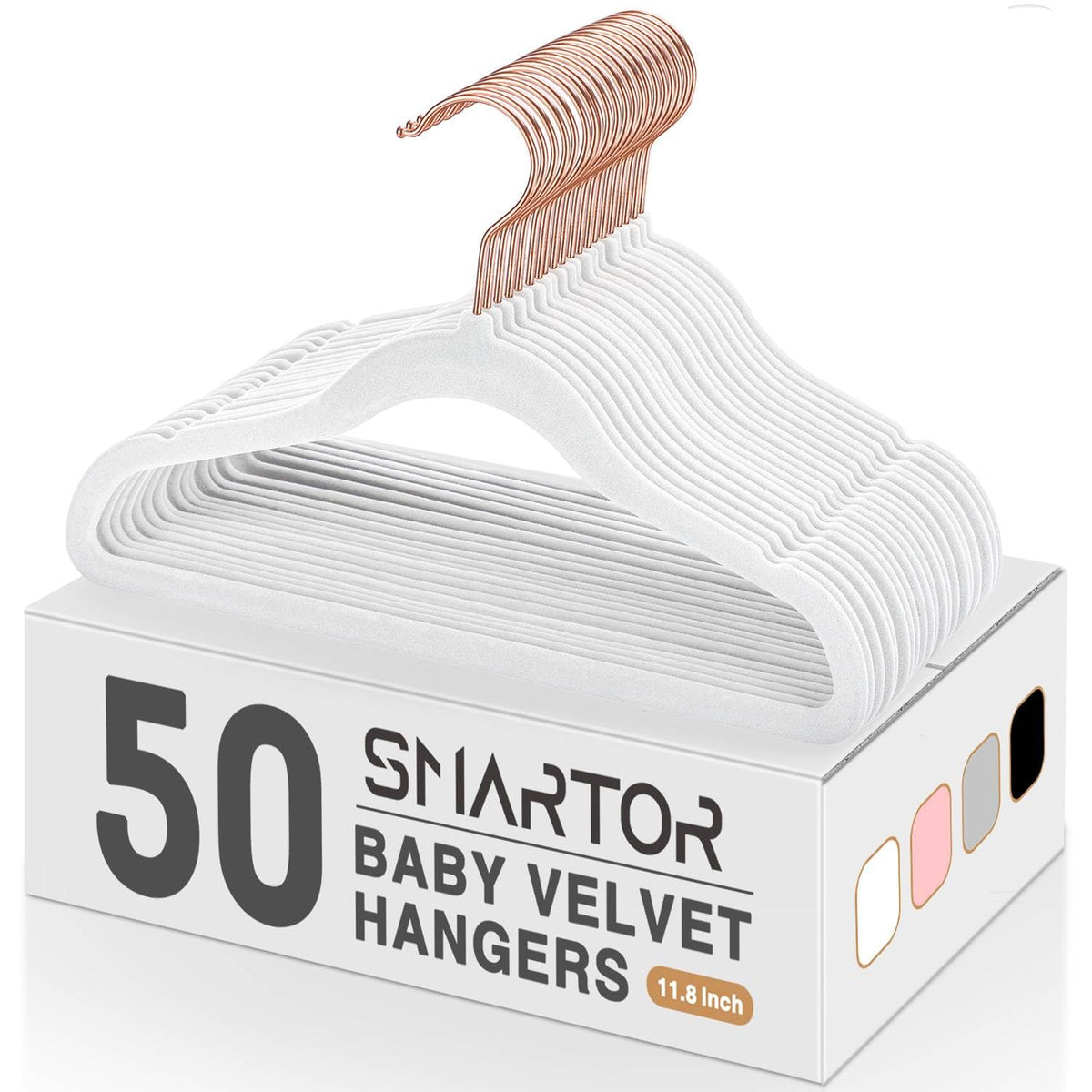 Smartor velvet baby hangers with rose gold hook keep tiny outfits neatly organized.