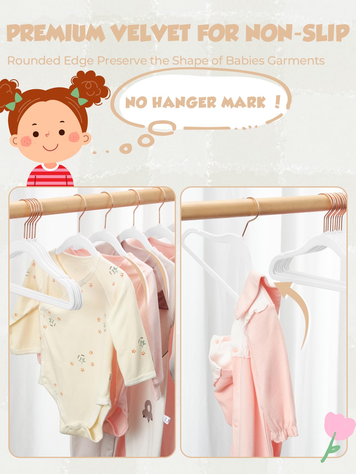 Smartor 11.8 inch velvet baby hangers support delicate bodysuits and dresses.