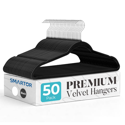 Smartor Black Velvet Hangers 50-pack with non-slip grip for delicate fabrics.