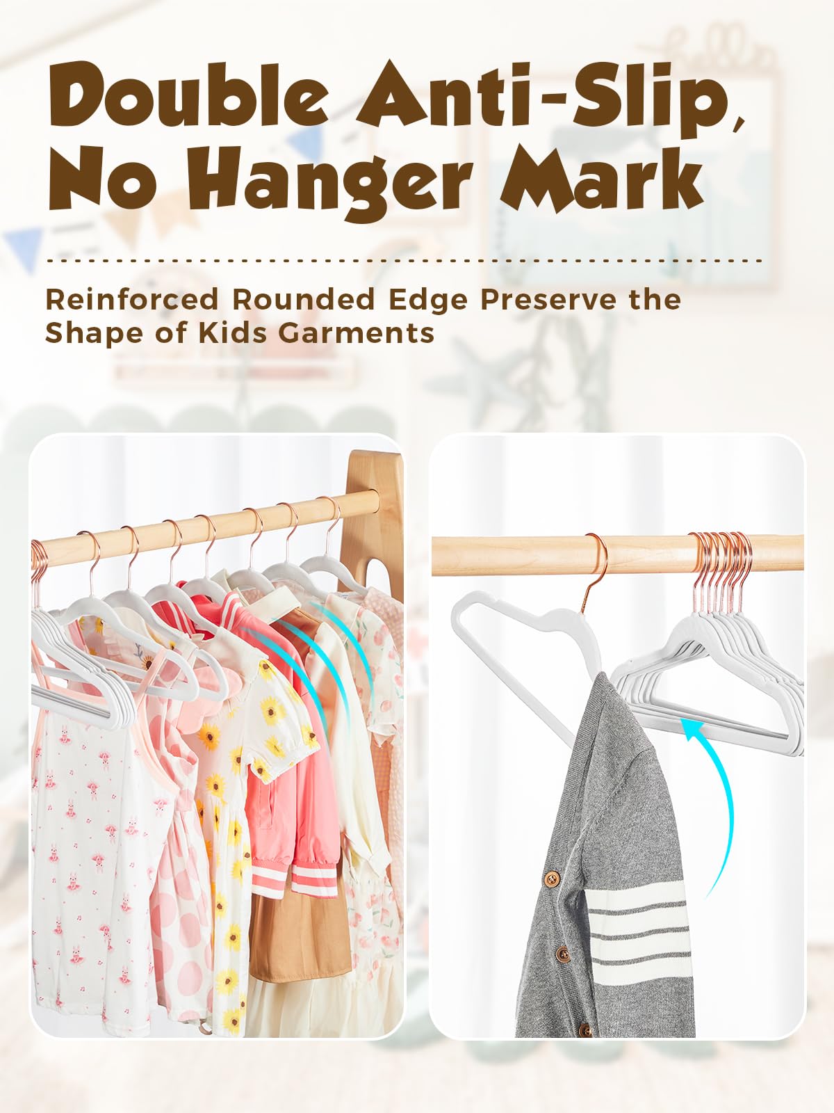 Smartor Kids velvet hangers with anti-slip shoulders prevent slipping during clothes sorting.