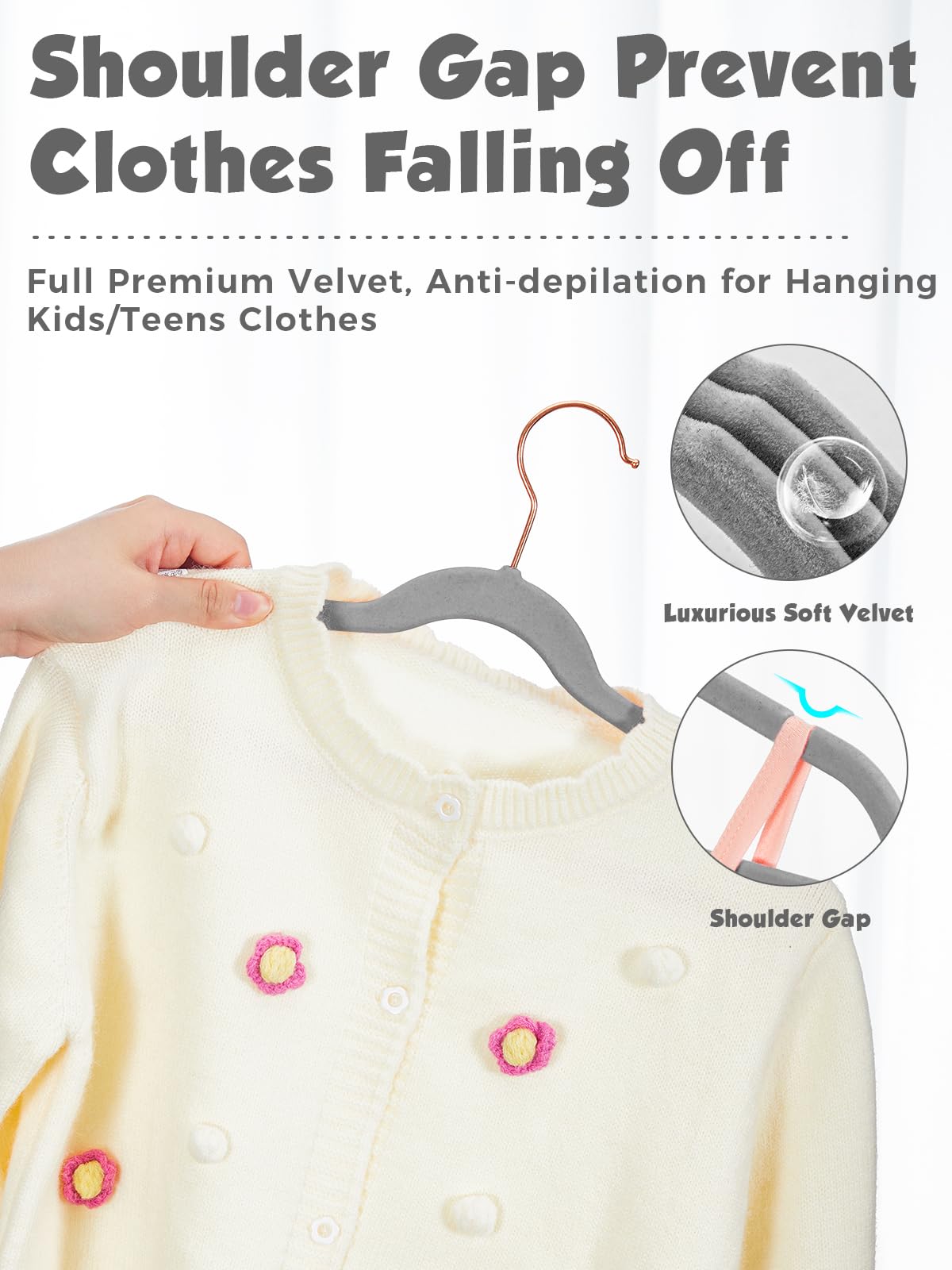 Smartor Kids Velvet Hangers in closet show tidy outfits and efficient storage.