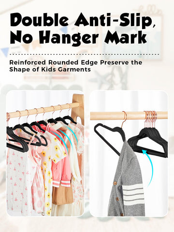 Smartor Kids velvet hangers with non-slip shoulders keep garments securely in place.