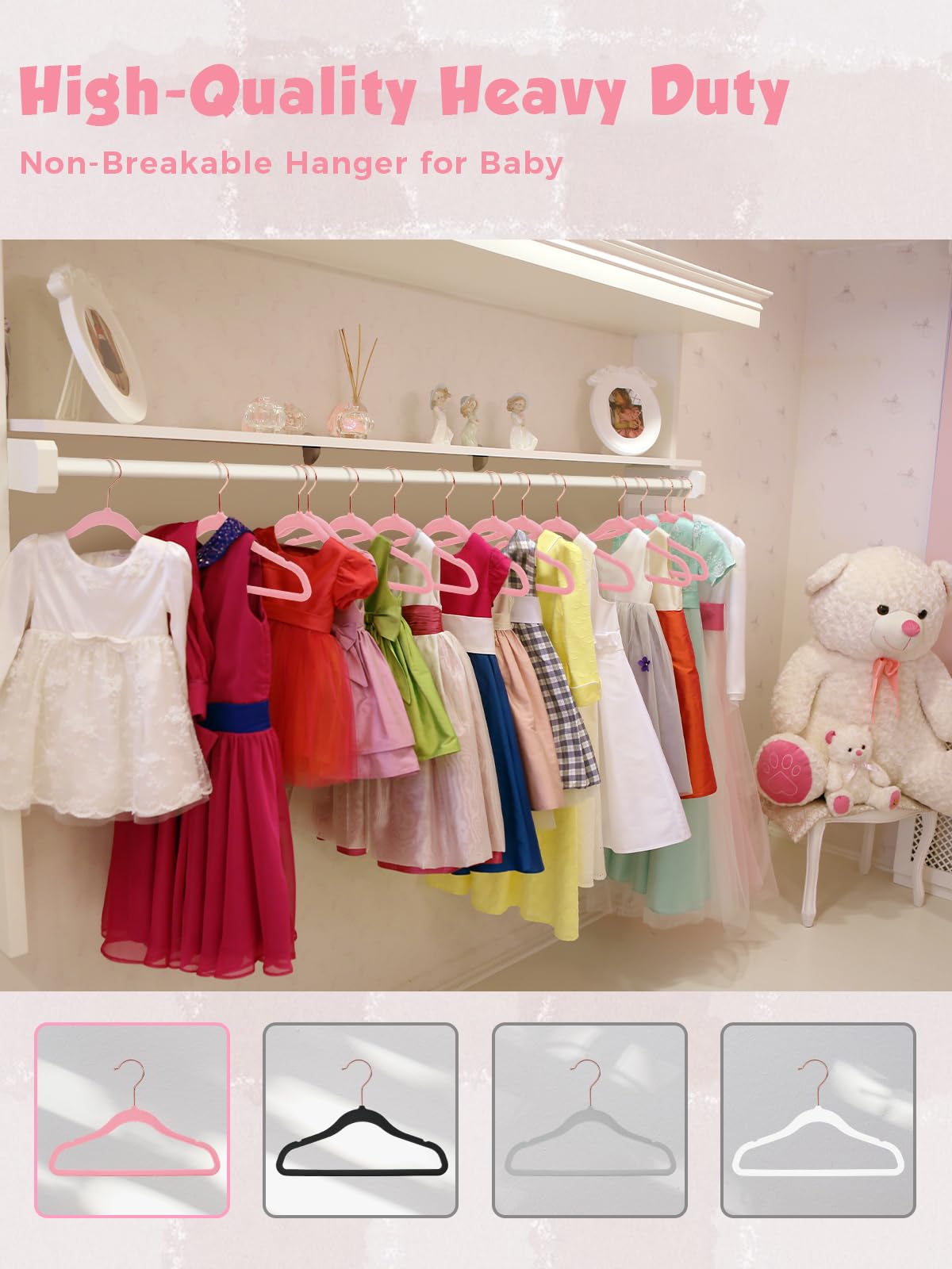Smartor Velvet Hangers complement a kid’s wardrobe and nursery decor.