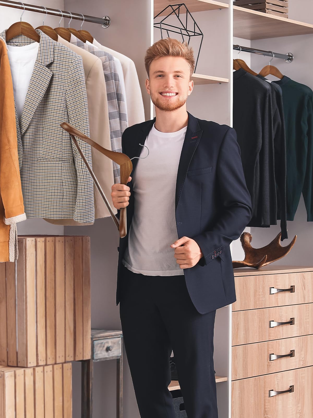 Smartor moisture-absorbent wood hanger helps protect fabrics naturally.