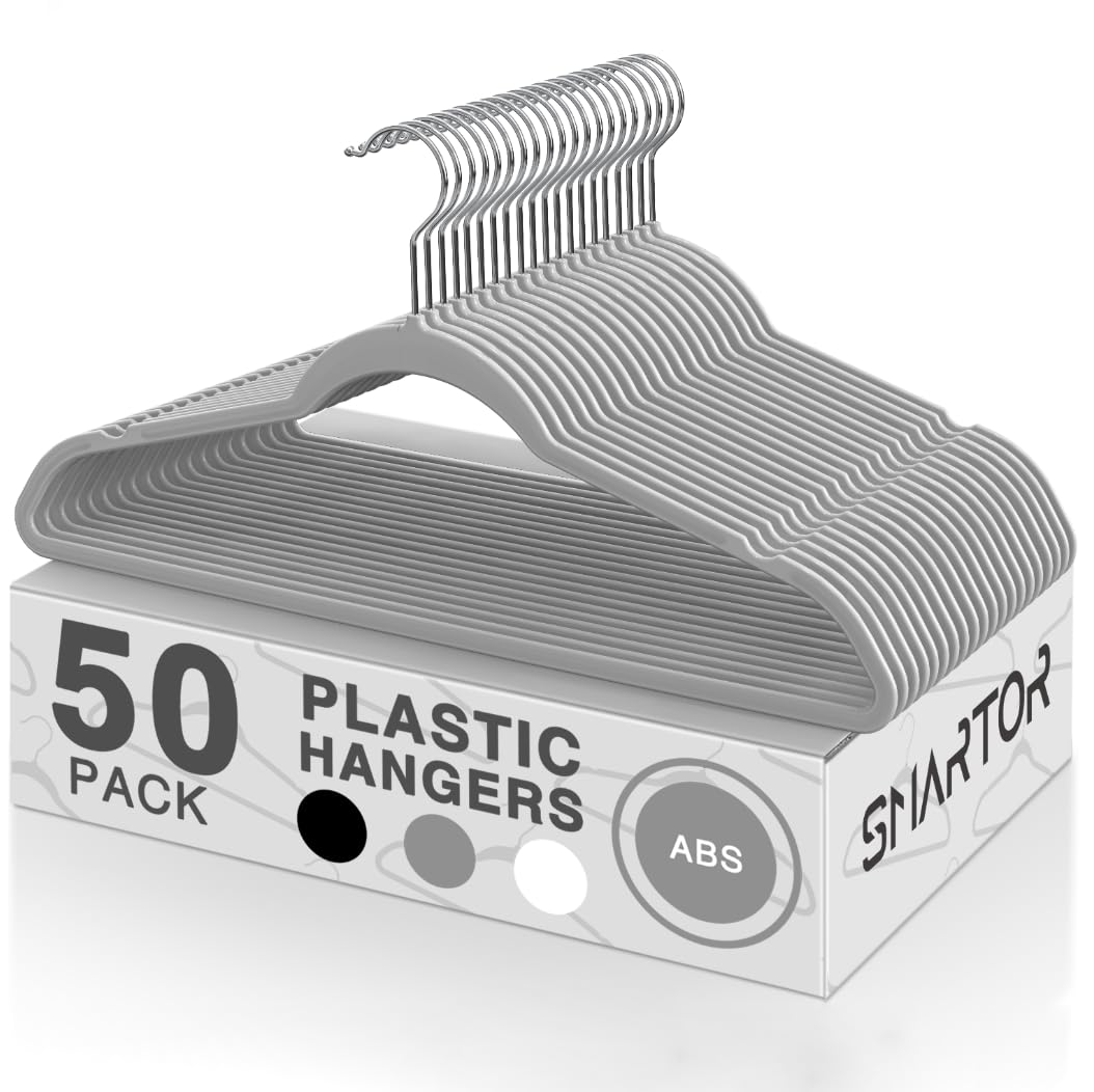 Smartor Plastic Hangers 50 Pack with 360° swivel hook for versatile closet organization.