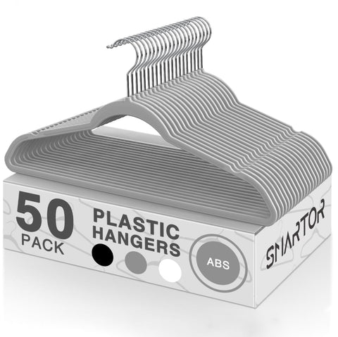 Smartor Plastic Hangers 50 Pack with 360° swivel hook for versatile closet organization.