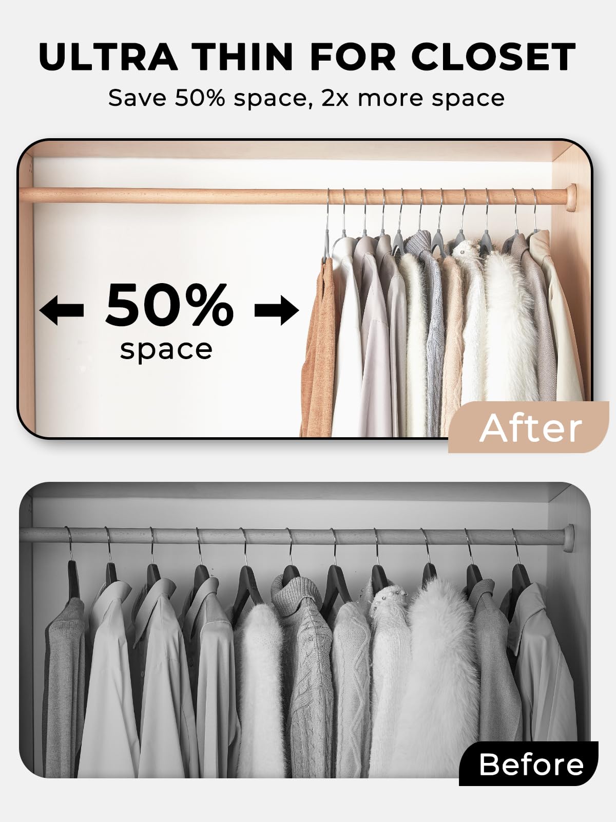 Metallic swivel hook of Smartor hangers makes accessing clothing from any angle easy.