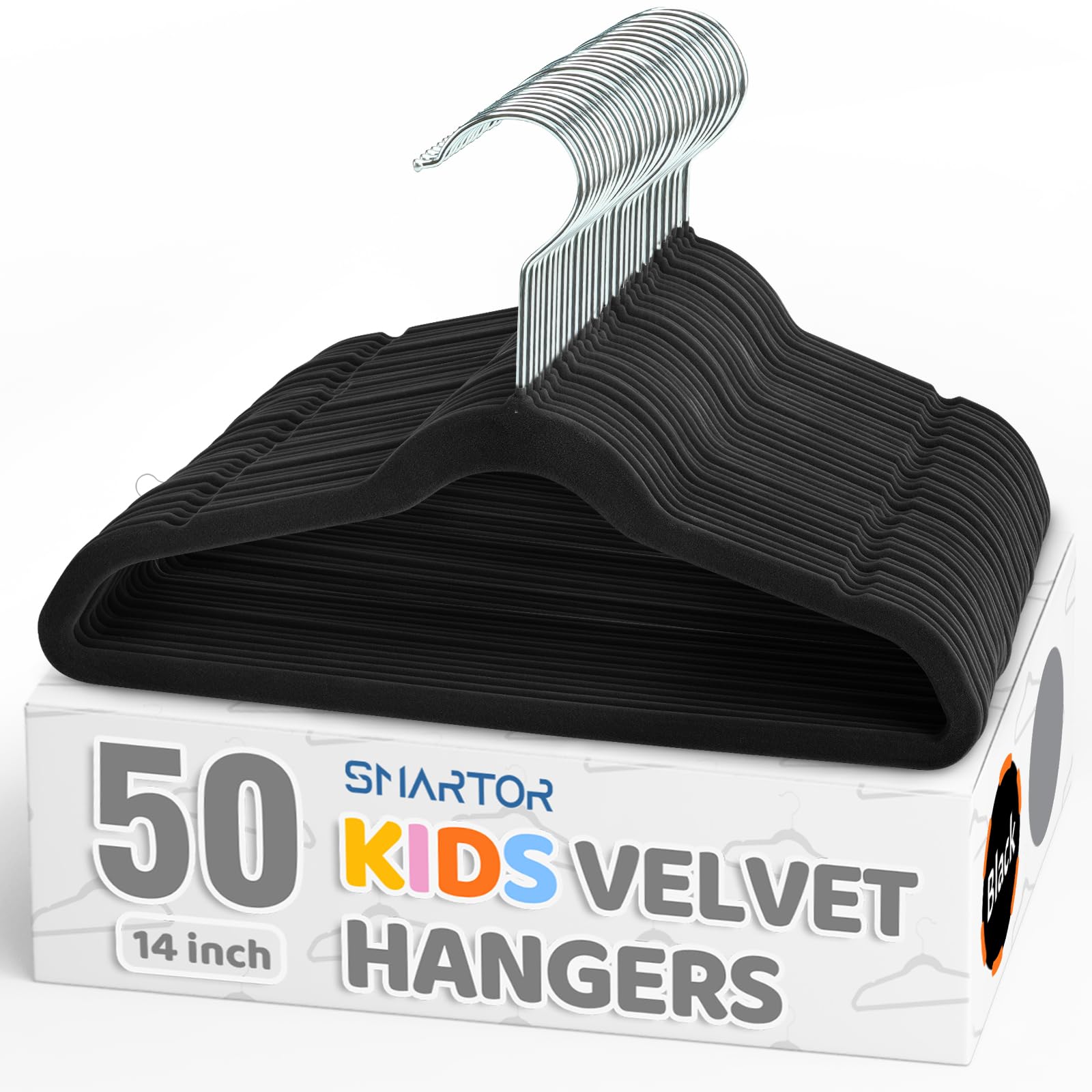 Smartor Premium 14-Inch Kids Hangers with black velvet keep clothes secure and wrinkle-free.