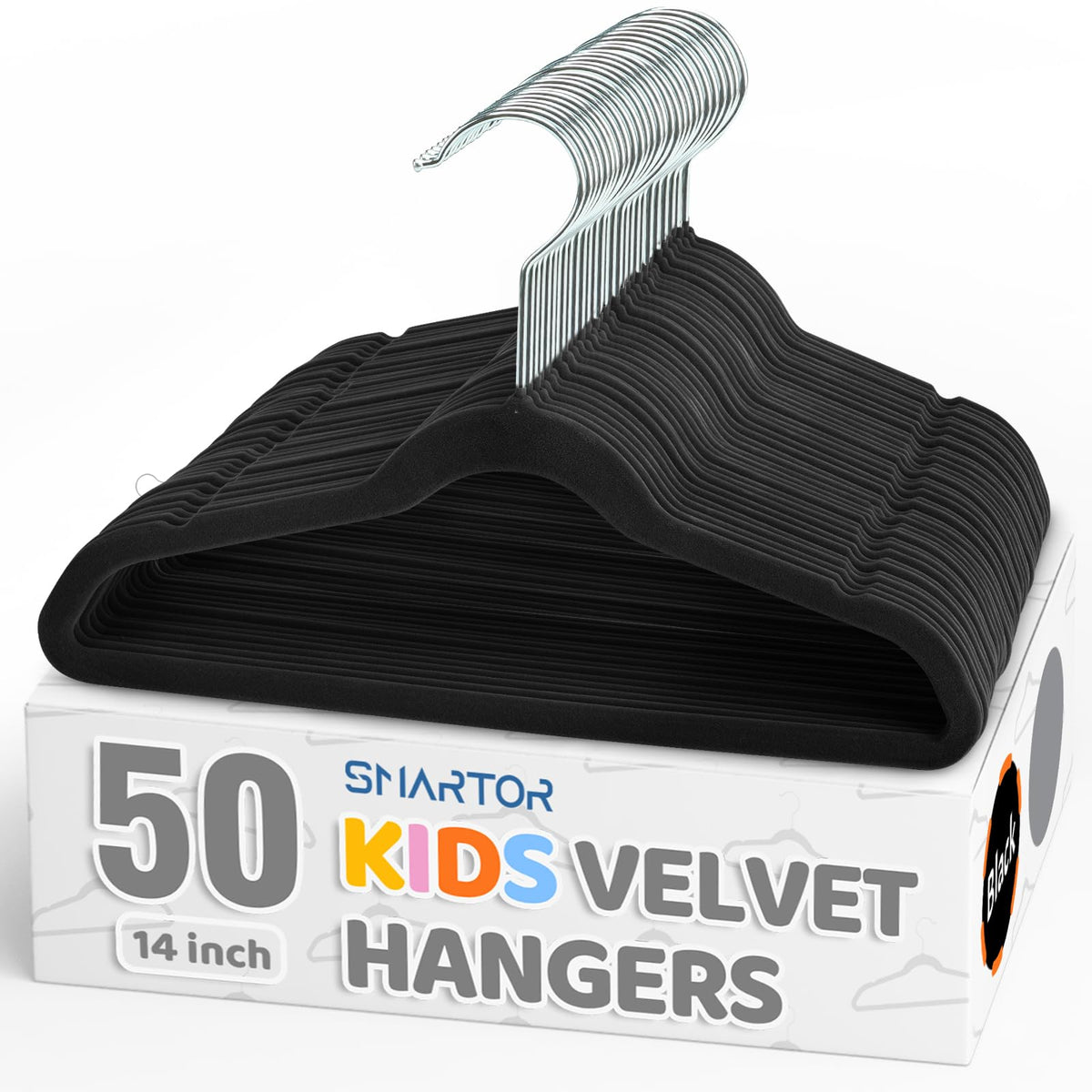 Smartor Premium 14-Inch Kids Hangers with black velvet keep clothes secure and wrinkle-free.