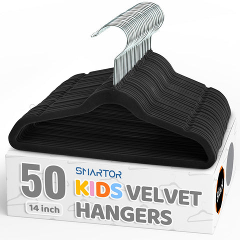 Smartor Premium 14-Inch Kids Hangers with black velvet keep clothes secure and wrinkle-free.