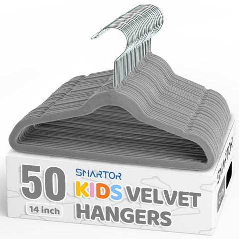 Smartor Premium kids hangers 14inch grey velvet for secure garment storage.