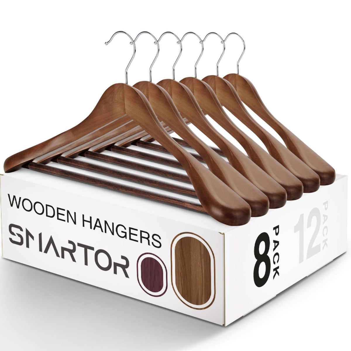 Smartor walnut wooden suit hanger eight-pack keeps jackets neatly supported.
