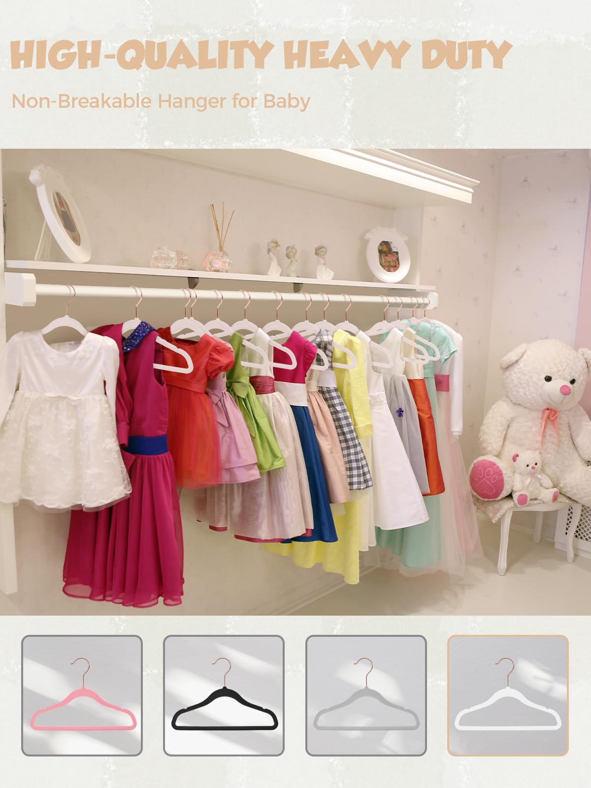 Smartor white hanger set blends with nursery decor and keeps clothes tidy.