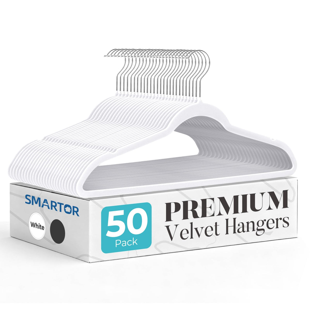 Smartor White Velvet Hangers 50-pack front view with slim, non-slip grip.