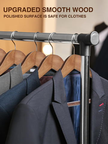 Smartor wide-shoulder suit hanger with pant bar preserves jacket shape.