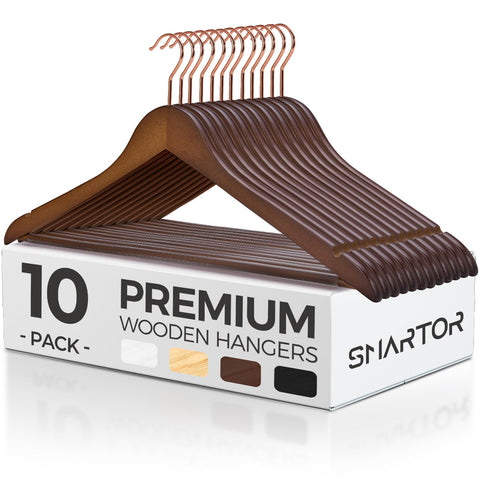 Smartor wooden hanger 10-pack with walnut finish keeps outfits neatly organized