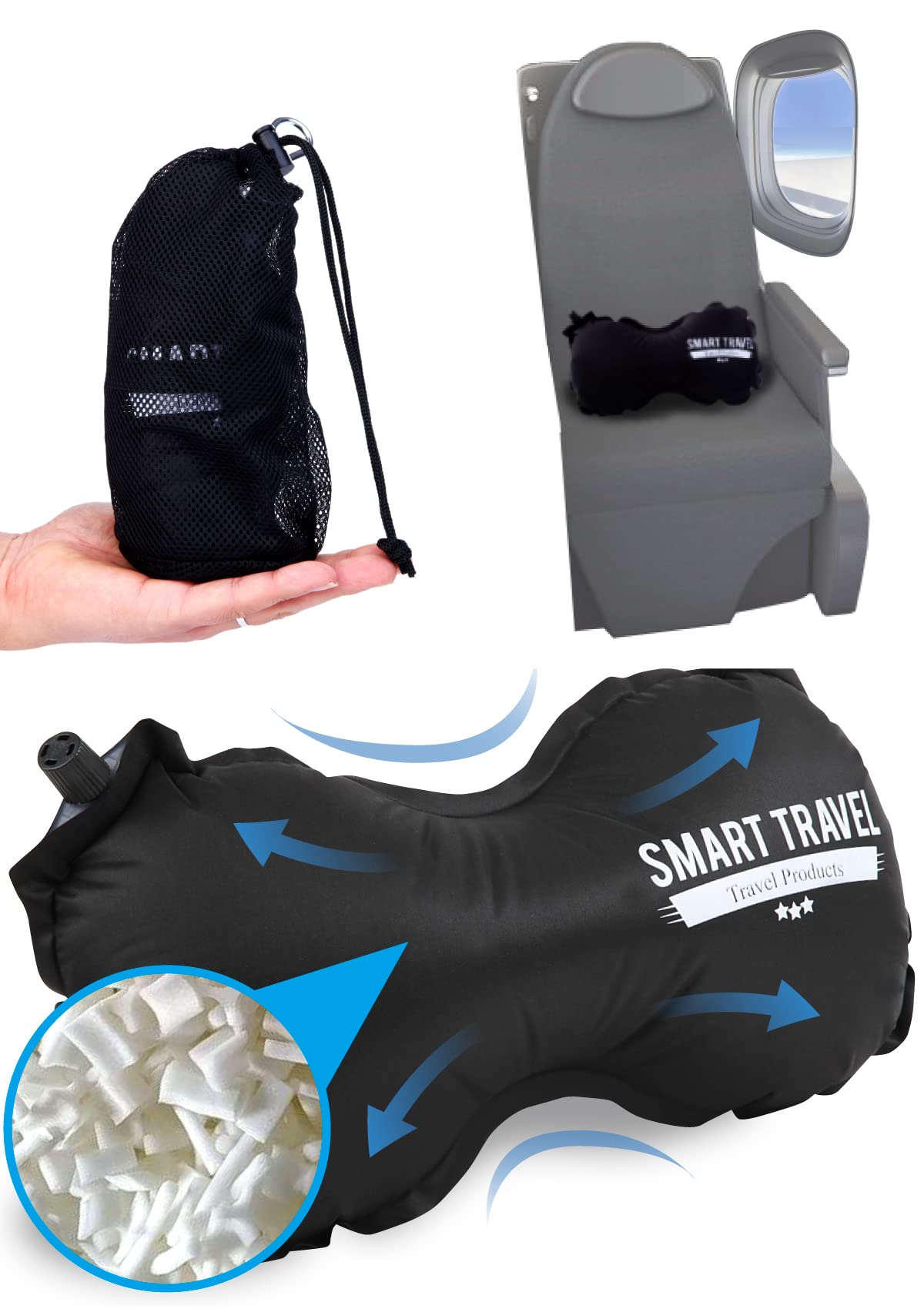 SmartTravel inflatable lumbar pillow on an airplane seat provides stable back support.