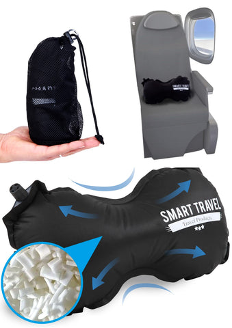 SmartTravel inflatable lumbar pillow on an airplane seat provides stable back support.