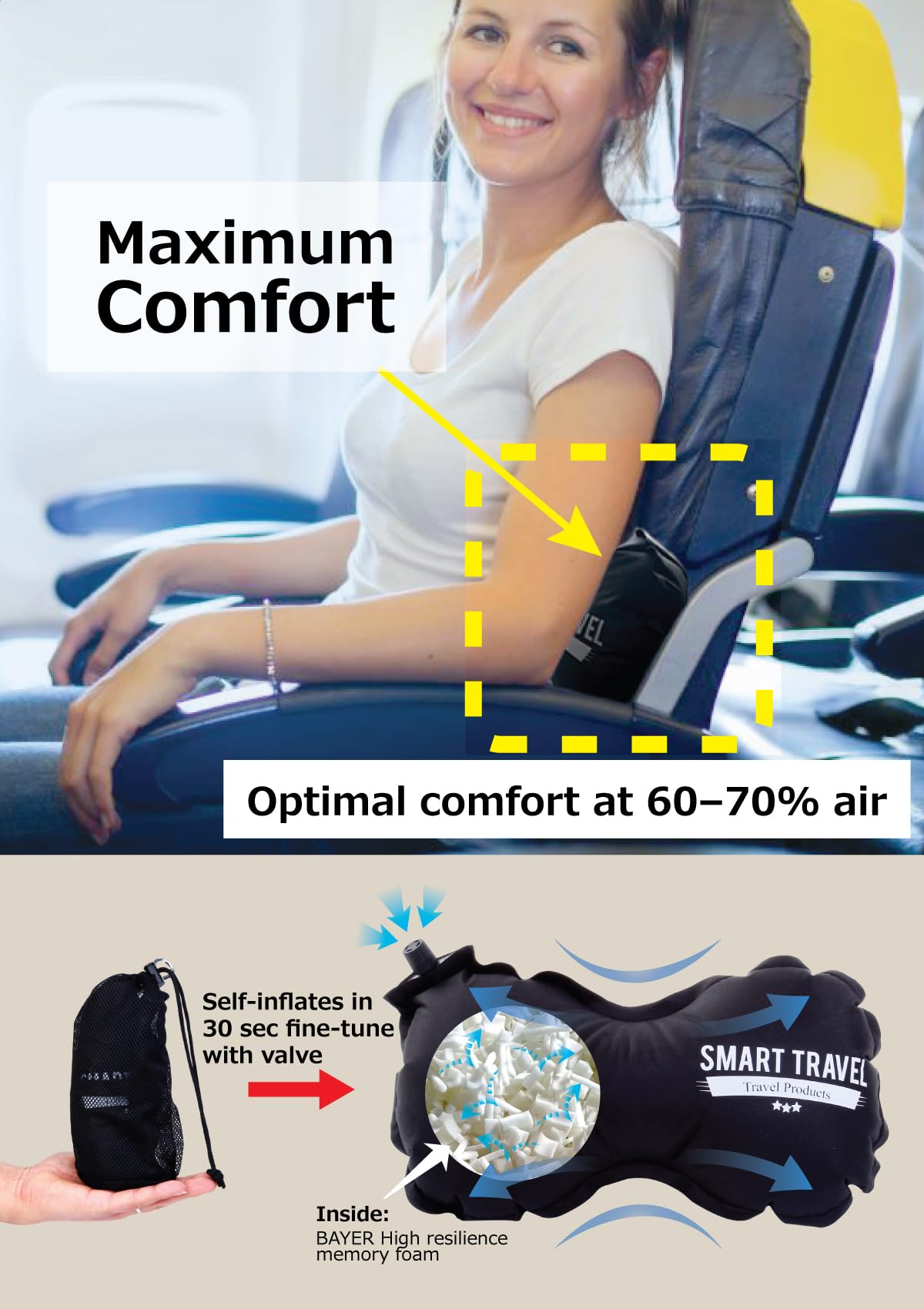 SmartTravel travel lumbar pillow on an office chair aids better posture.